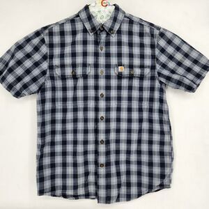 Carhartt‎ Shirt Mens Medium Blue Gray Plaid Short Sleeve Button Up Workwear